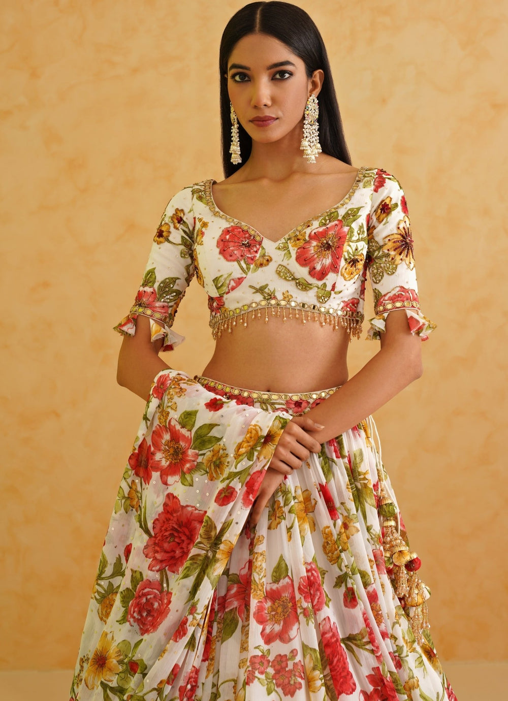 White Printed Georgette Lehenga Set Deepika Chadha - Fabilicious Fashion