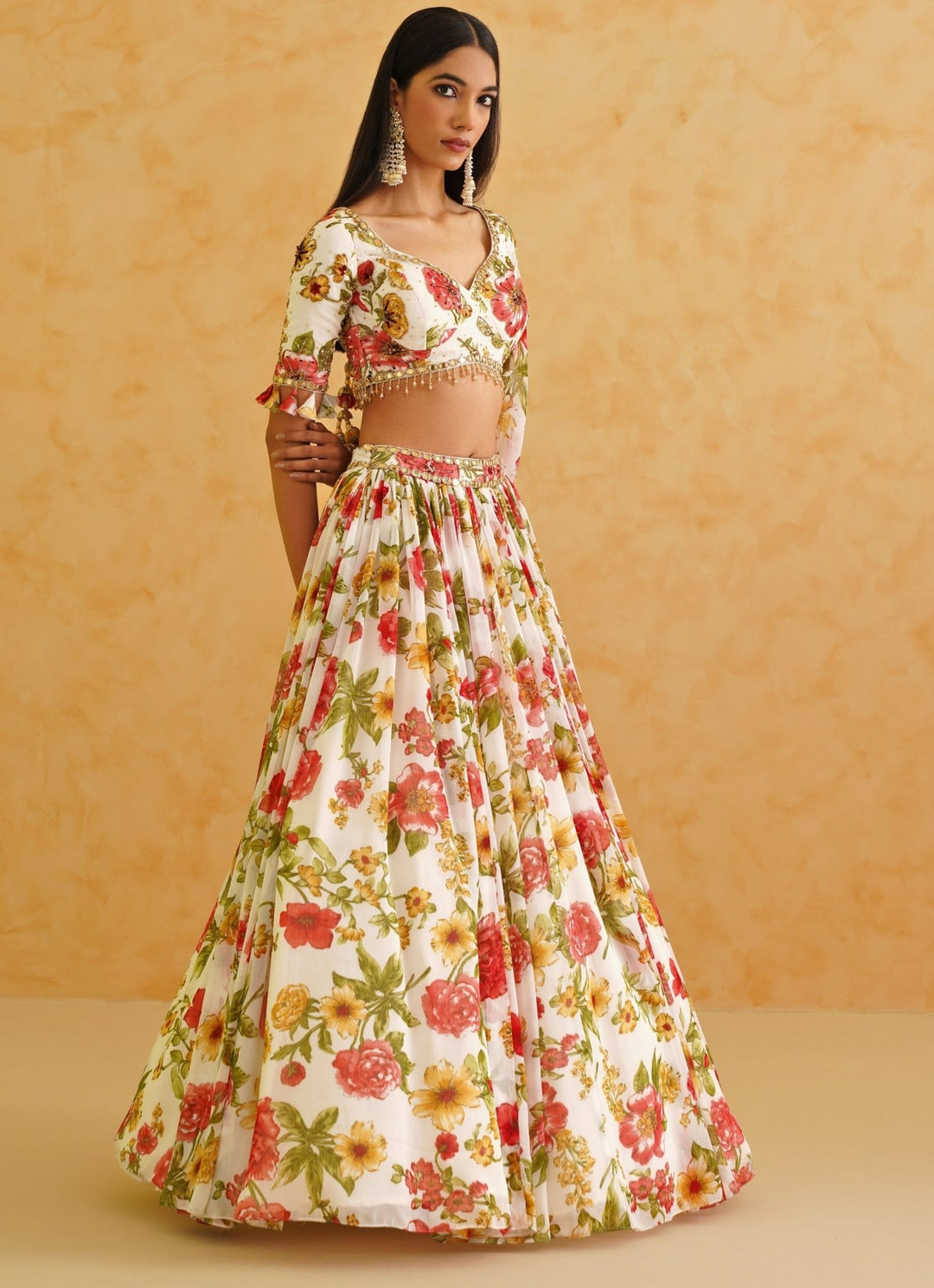 White Printed Georgette Lehenga Set Deepika Chadha - Fabilicious Fashion