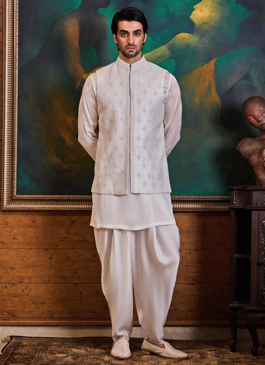 White Raw Silk Nehru Jacket Set with Dhoti Pants Nitika Gujral - Men - Fabilicious Fashion