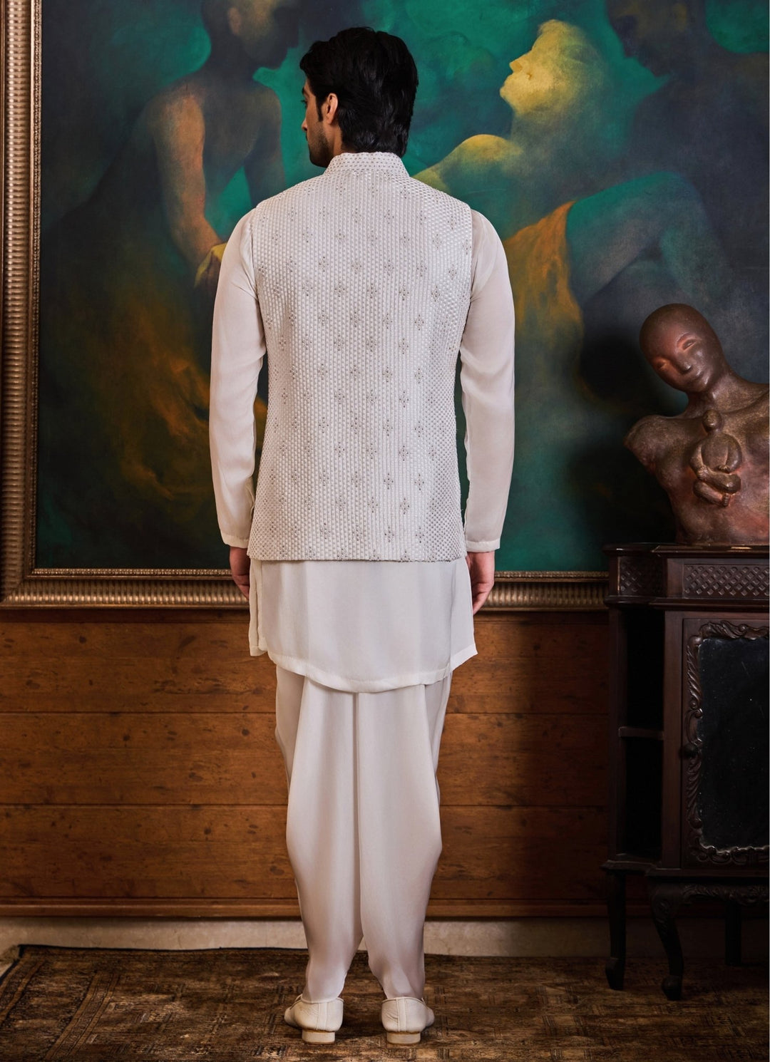 White Raw Silk Nehru Jacket Set with Dhoti Pants Nitika Gujral - Men - Fabilicious Fashion