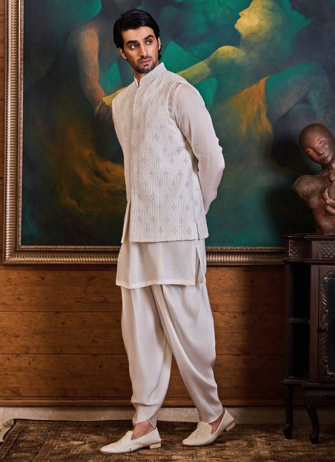 White Raw Silk Nehru Jacket Set with Dhoti Pants Nitika Gujral - Men - Fabilicious Fashion