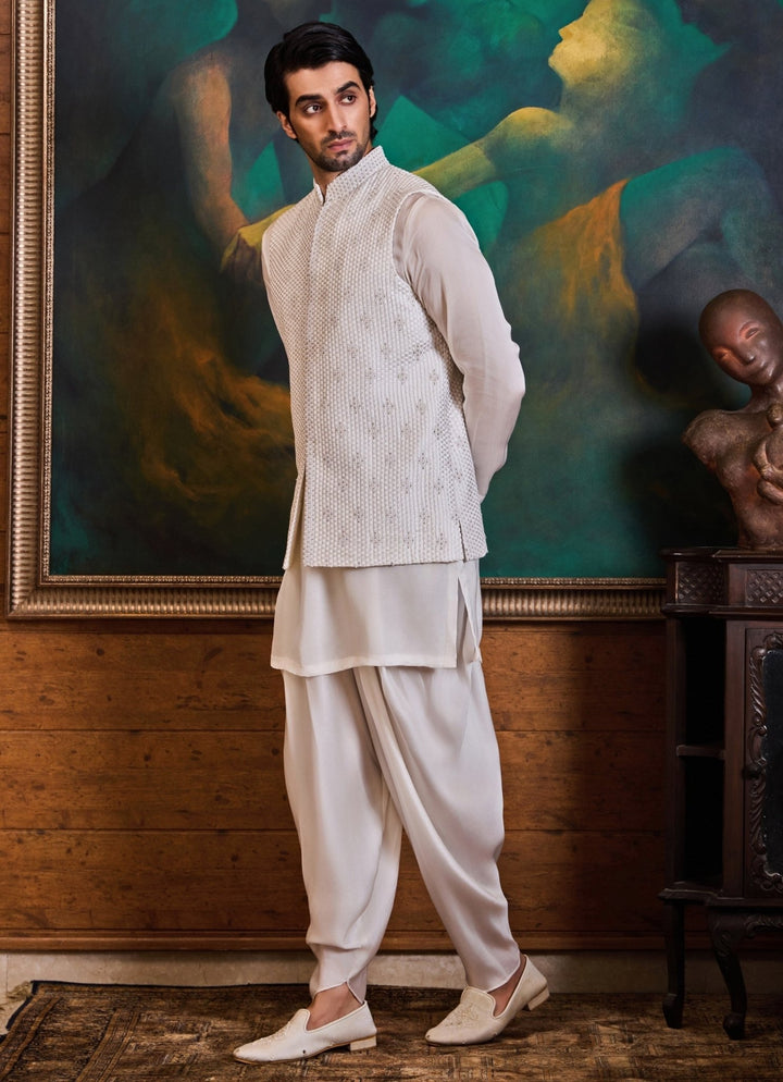 White Raw Silk Nehru Jacket Set with Dhoti Pants Nitika Gujral - Men - Fabilicious Fashion
