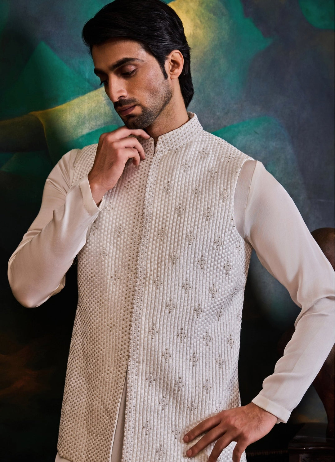 White Raw Silk Nehru Jacket Set with Dhoti Pants Nitika Gujral - Men - Fabilicious Fashion