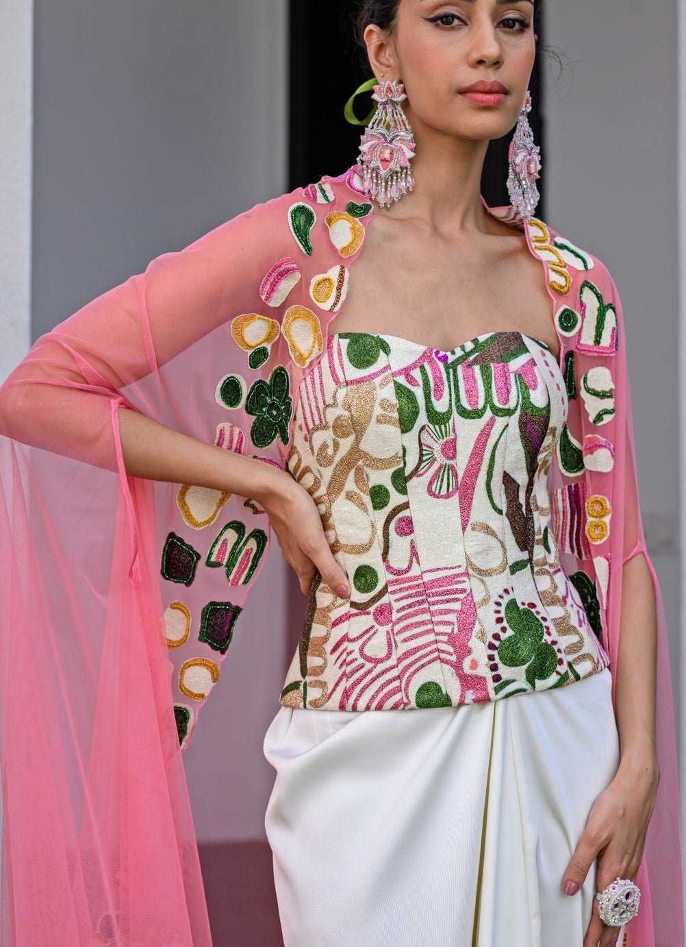 White Satin Dhoti Skirt Set With Printed Corset And Cape Juhi Bengani - Fabilicious Fashion
