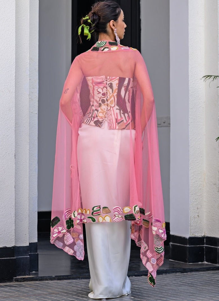 White Satin Dhoti Skirt Set With Printed Corset And Cape Juhi Bengani - Fabilicious Fashion
