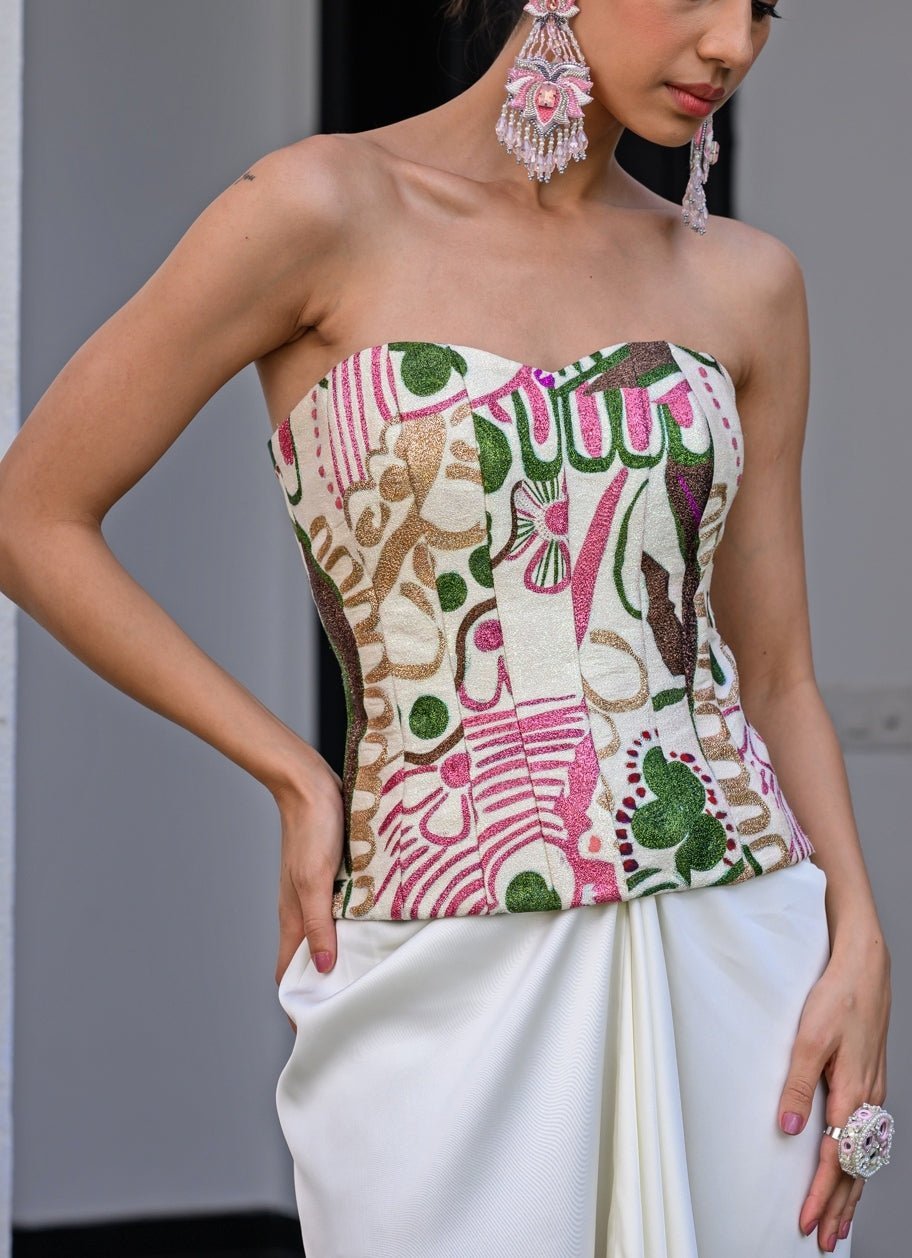 White Satin Dhoti Skirt Set With Printed Corset And Cape Juhi Bengani - Fabilicious Fashion