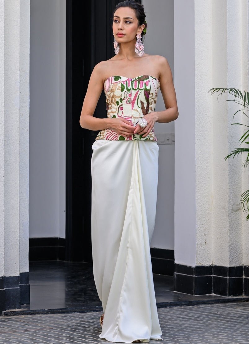 White Satin Dhoti Skirt Set With Printed Corset And Cape Juhi Bengani - Fabilicious Fashion