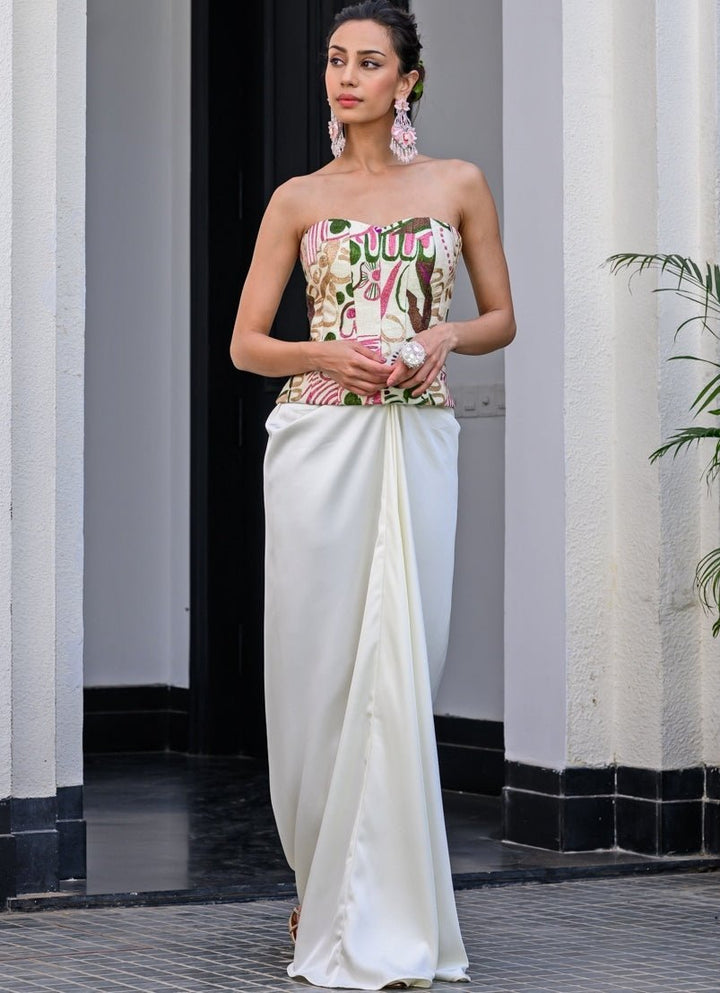 White Satin Dhoti Skirt Set With Printed Corset And Cape Juhi Bengani - Fabilicious Fashion