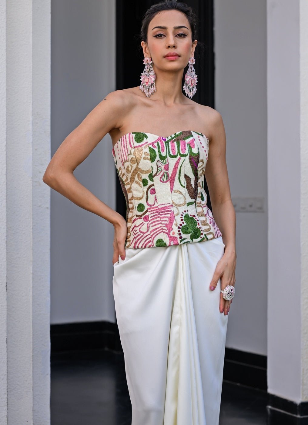 White Satin Dhoti Skirt Set With Printed Corset And Cape Juhi Bengani - Fabilicious Fashion