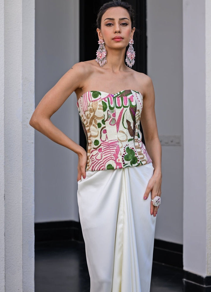 White Satin Dhoti Skirt Set With Printed Corset And Cape Juhi Bengani - Fabilicious Fashion