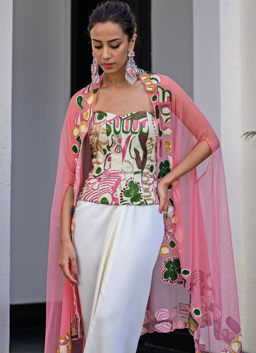White Satin Dhoti Skirt Set With Printed Corset And Cape Juhi Bengani - Fabilicious Fashion
