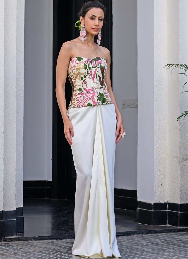White Satin Dhoti Skirt Set With Printed Corset Juhi Bengani - Fabilicious Fashion