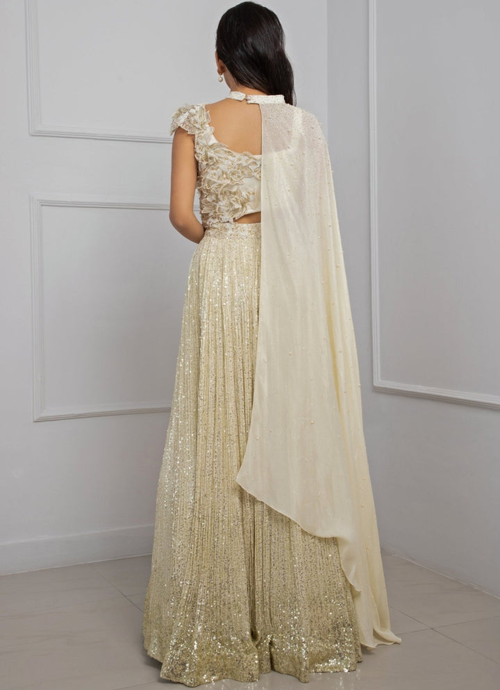 White Sequin Chiffon Lehenga Set With Choker Neck Cape Smriti - Fabilicious Fashion
