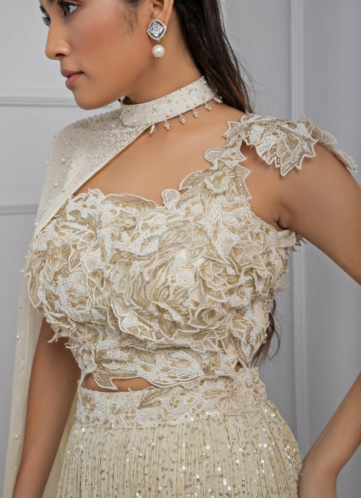 White Sequin Chiffon Lehenga Set With Choker Neck Cape Smriti - Fabilicious Fashion
