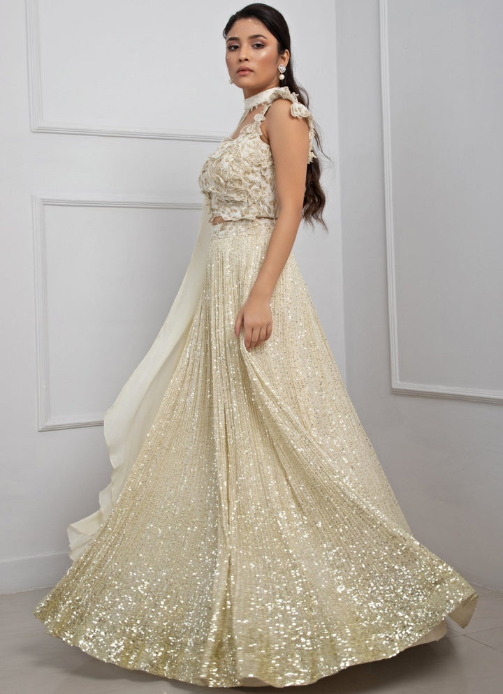 White Sequin Chiffon Lehenga Set With Choker Neck Cape Smriti - Fabilicious Fashion