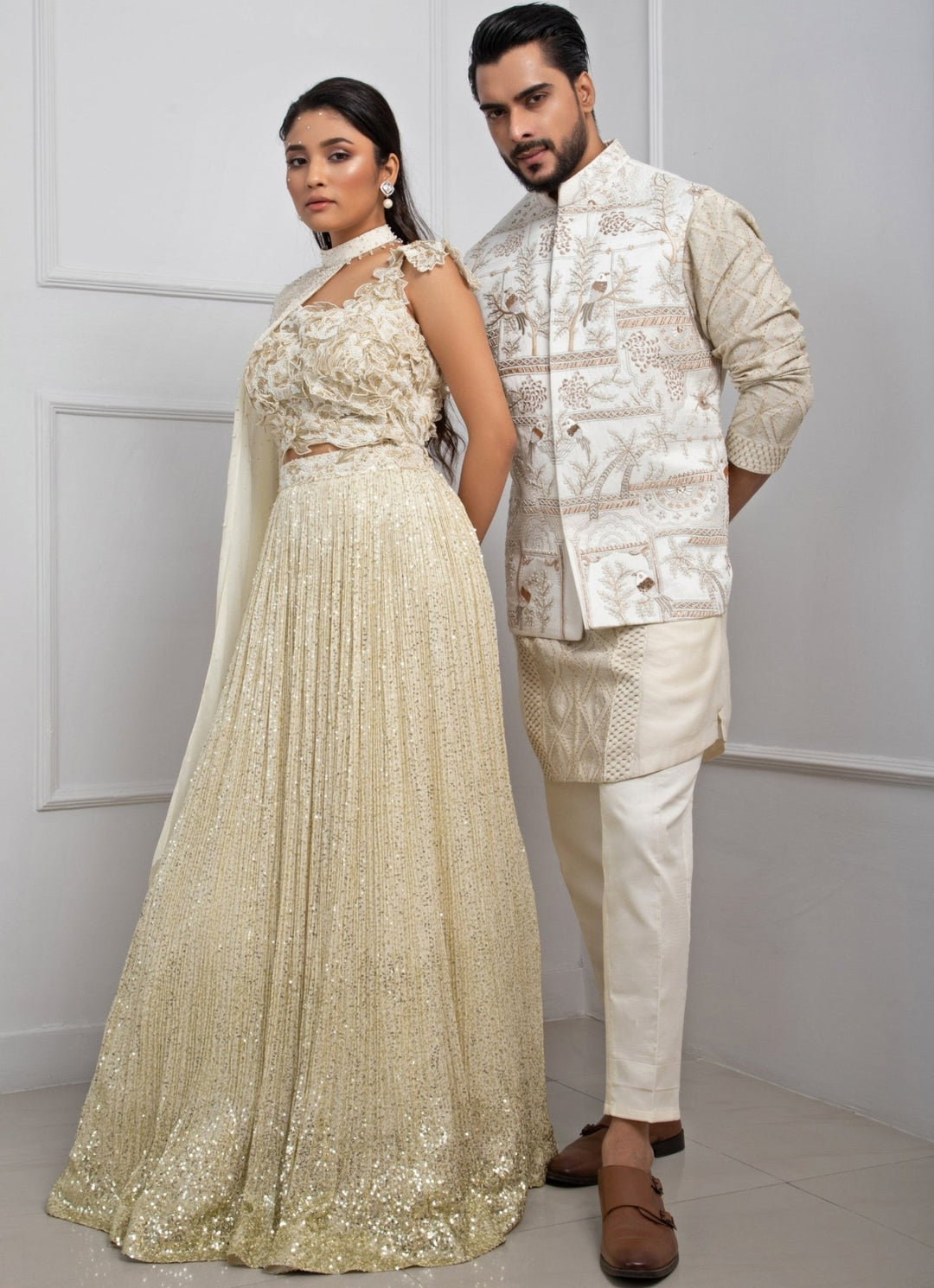 White Sequin Chiffon Lehenga Set With Choker Neck Cape Smriti - Fabilicious Fashion