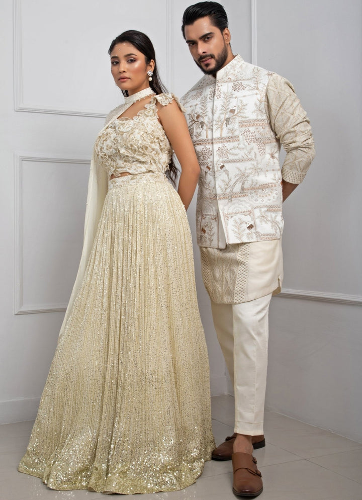 White Sequin Chiffon Lehenga Set With Choker Neck Cape Smriti - Fabilicious Fashion