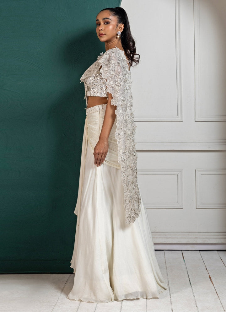 White Sequinned Draped Chiffon Saree Smriti - Fabilicious Fashion