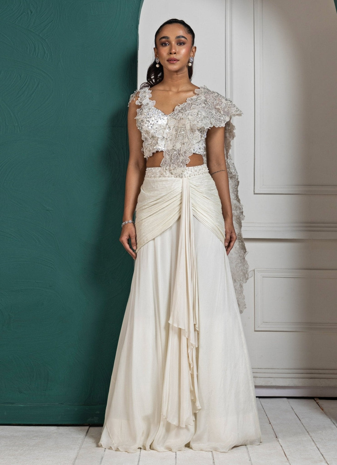 White Sequinned Draped Chiffon Saree Smriti - Fabilicious Fashion