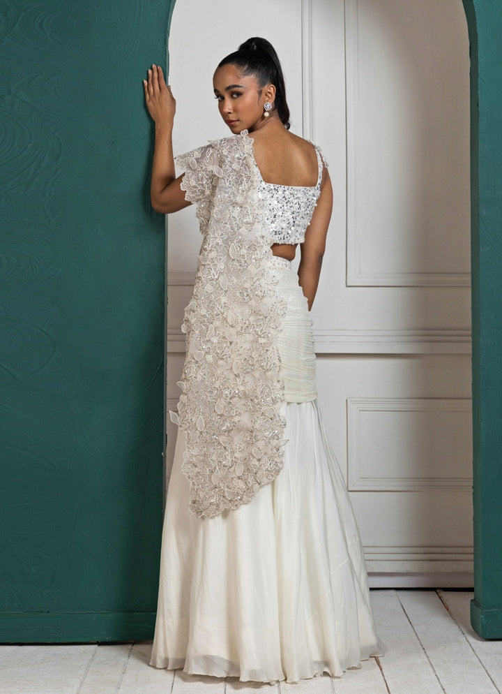 White Sequinned Draped Chiffon Saree Smriti - Fabilicious Fashion