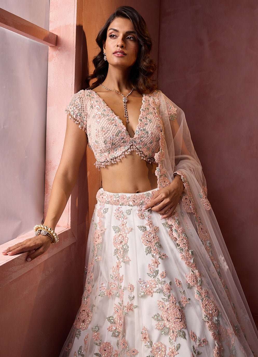 White Soft Net Leather Applique Lehenga Set Nitika Gujral - Fabilicious Fashion