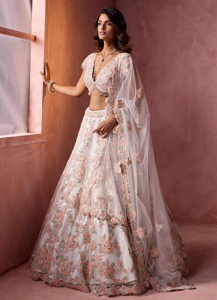 White Soft Net Leather Applique Lehenga Set Nitika Gujral - Fabilicious Fashion