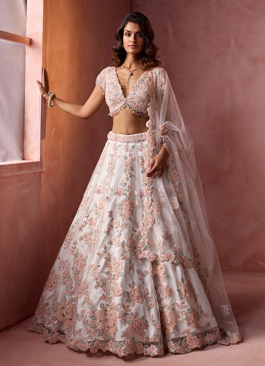 White Soft Net Leather Applique Lehenga Set Nitika Gujral - Fabilicious Fashion