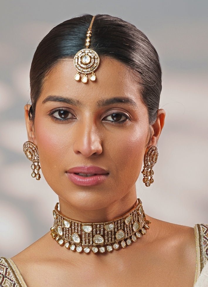 White Stone And Two Tone Polki Choker Set Zevar by Geeta - Fabilicious Fashion