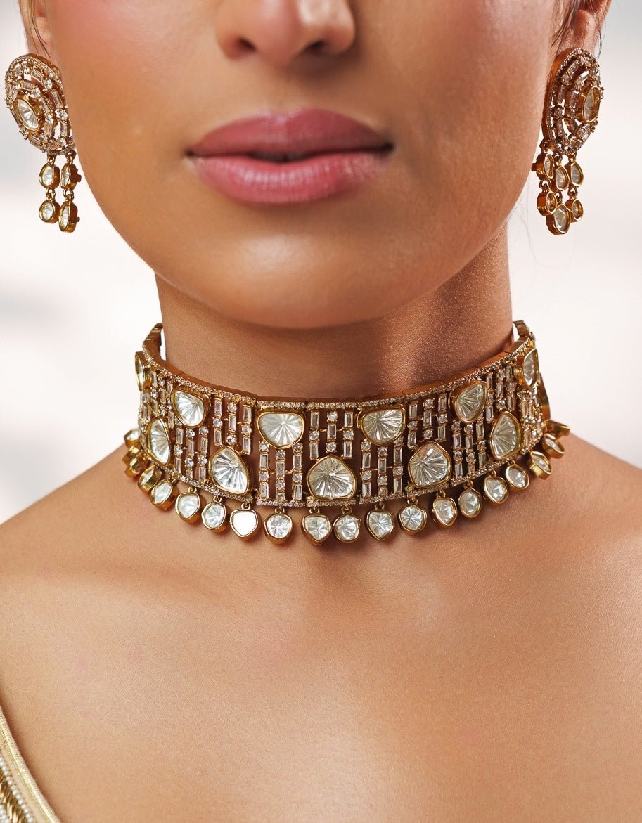 White Stone And Two Tone Polki Choker Set Zevar by Geeta - Fabilicious Fashion