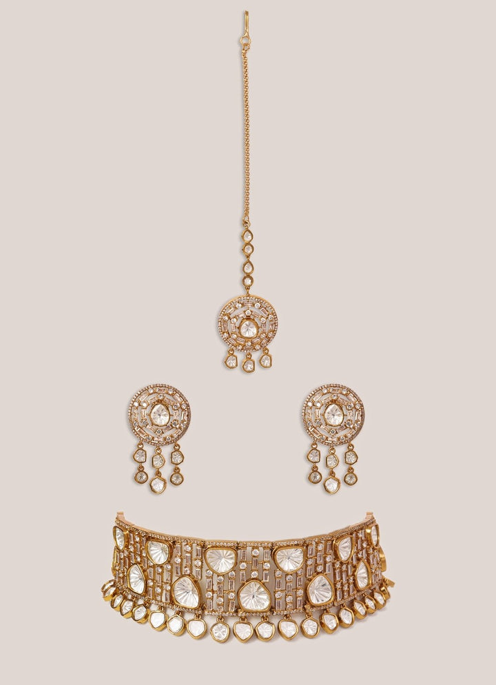 White Stone And Two Tone Polki Choker Set Zevar by Geeta - Fabilicious Fashion