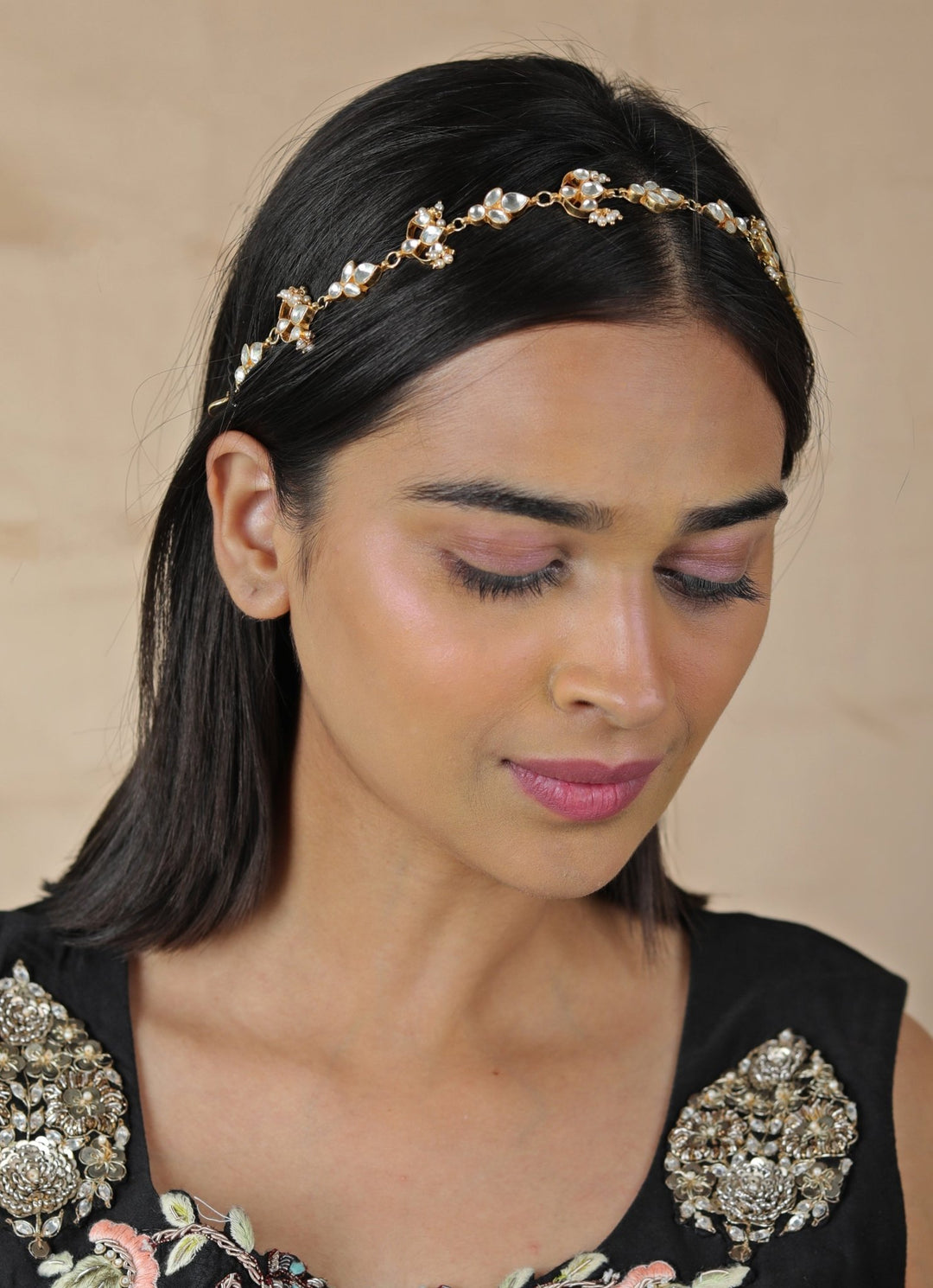 White Stone Floral Gold Plated Hairband Riana by Shikha Jindal - Fabilicious Fashion