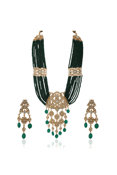 White Stone Heavy Pendant Maala Set With Small Green Beads Line Riana by Shikha Jindal - Fabilicious Fashion