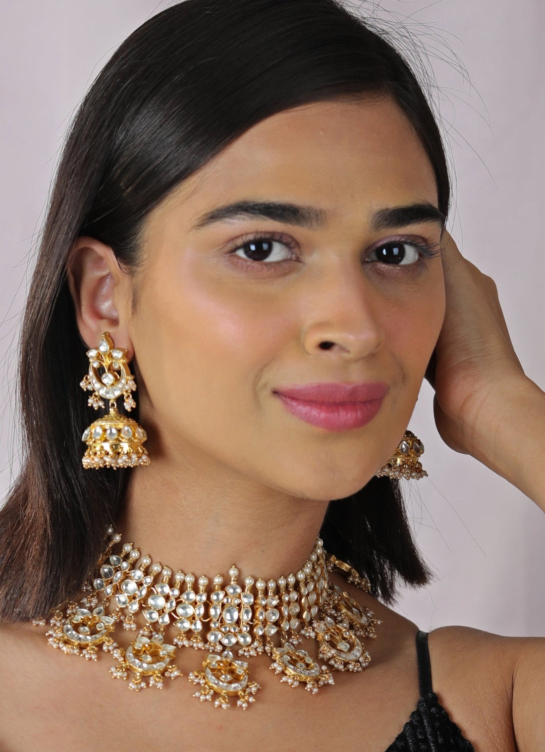 White Stone Jadtar Necklace and Jhumki set Riana by Shikha Jindal - Fabilicious Fashion