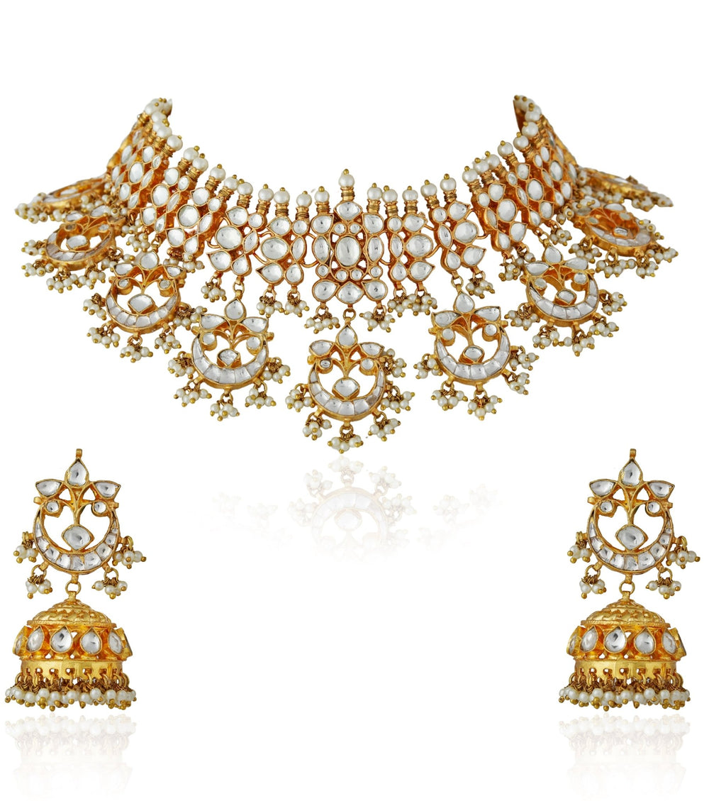 White Stone Jadtar Necklace and Jhumki set Riana by Shikha Jindal - Fabilicious Fashion