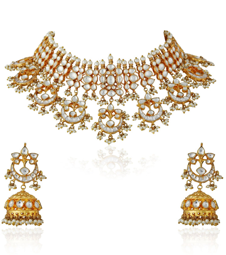 White Stone Jadtar Necklace and Jhumki set Riana by Shikha Jindal - Fabilicious Fashion