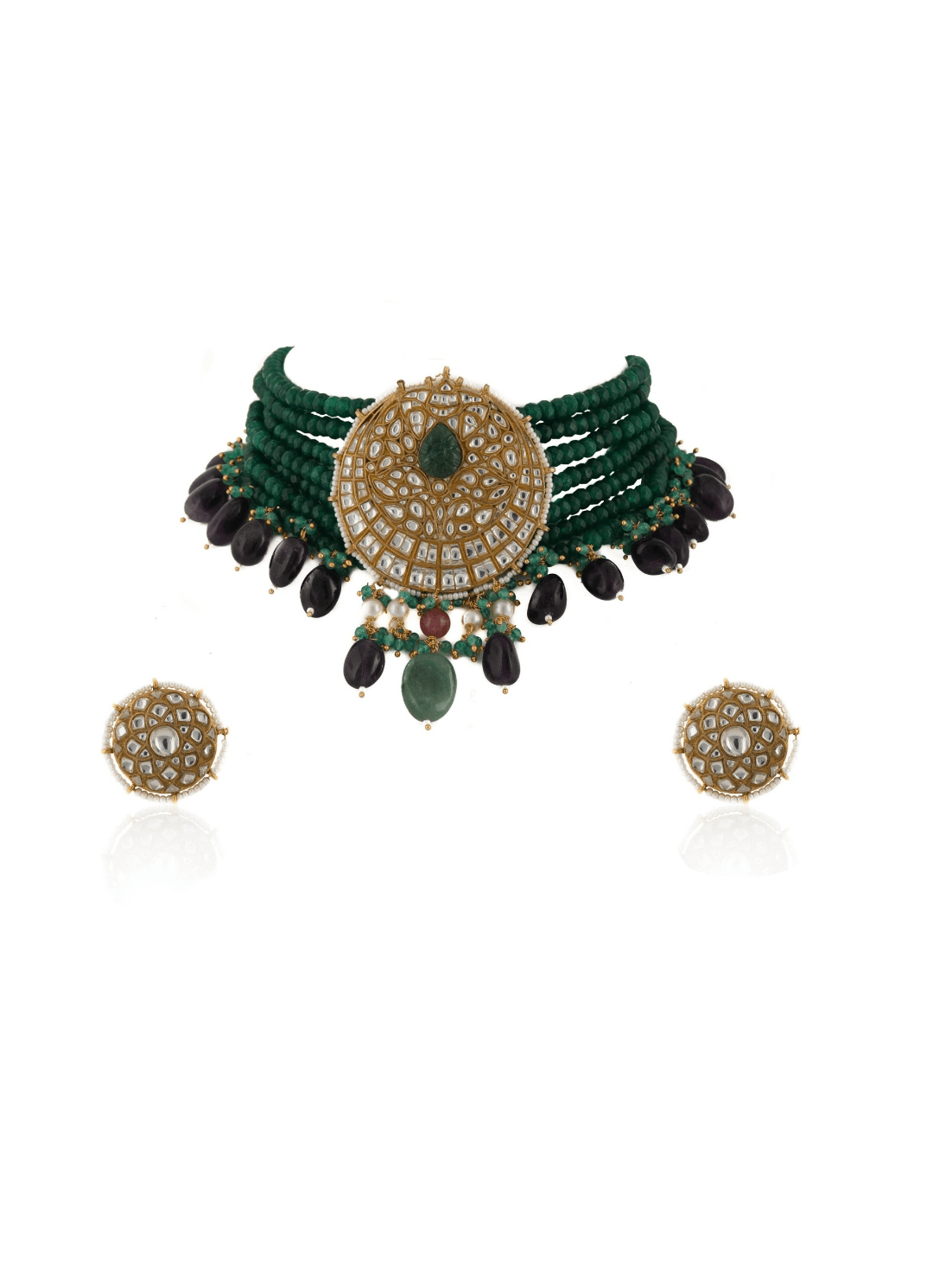 White Stone Pendant With Small Green Beads Necklace Set With 7 Lines Kalyani Indian Jewelry - Fabilicious Fashion
