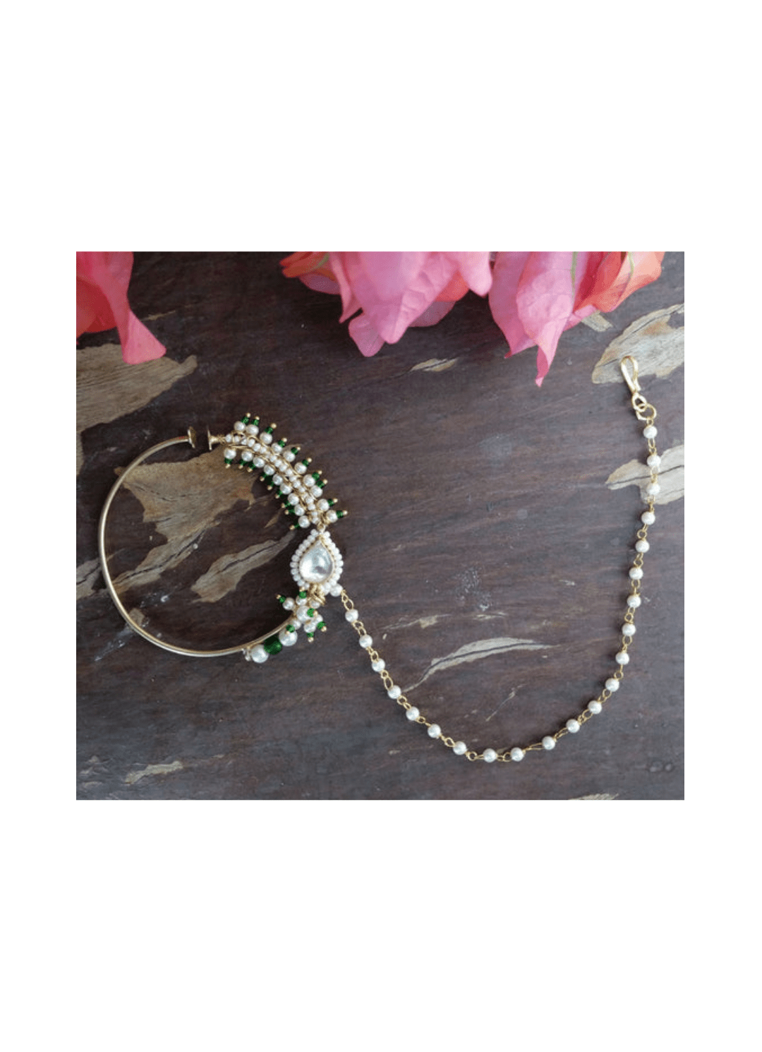 White Stone With Green Moti Work Nath Kalyani Indian Jewelry - Fabilicious Fashion