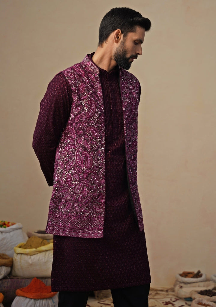 Wine and Black Georgette Kurta Jacket Set Kalpraag - Fabilicious Fashion