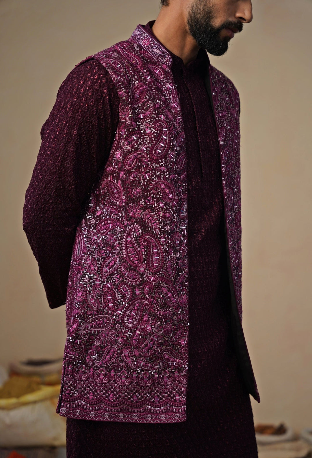 Wine and Black Georgette Kurta Jacket Set Kalpraag - Fabilicious Fashion