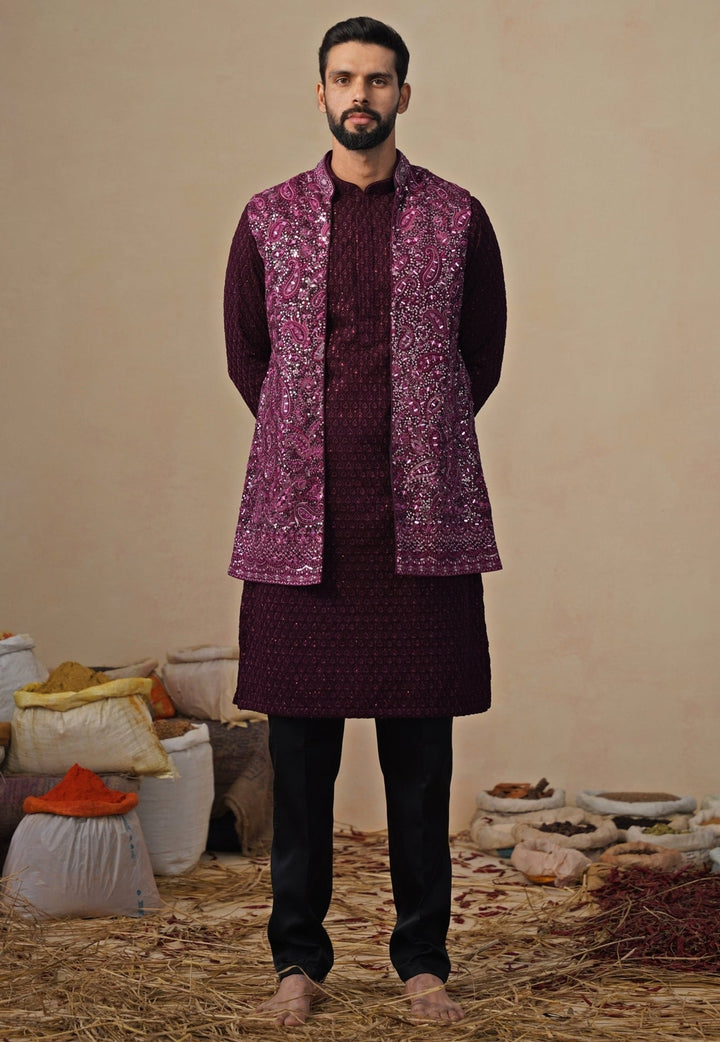 Wine and Black Georgette Kurta Jacket Set Kalpraag - Fabilicious Fashion