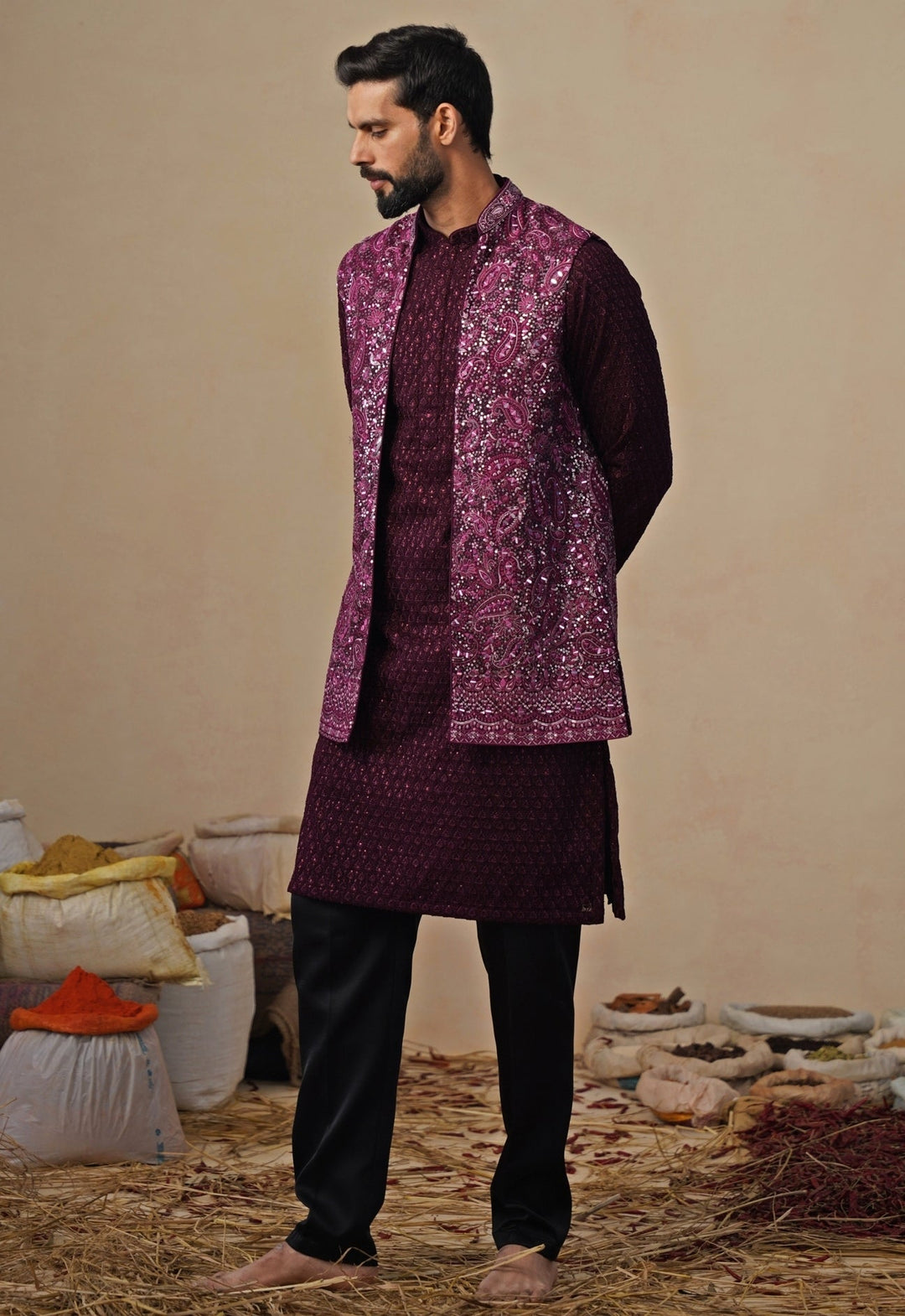 Wine and Black Georgette Kurta Jacket Set Kalpraag - Fabilicious Fashion