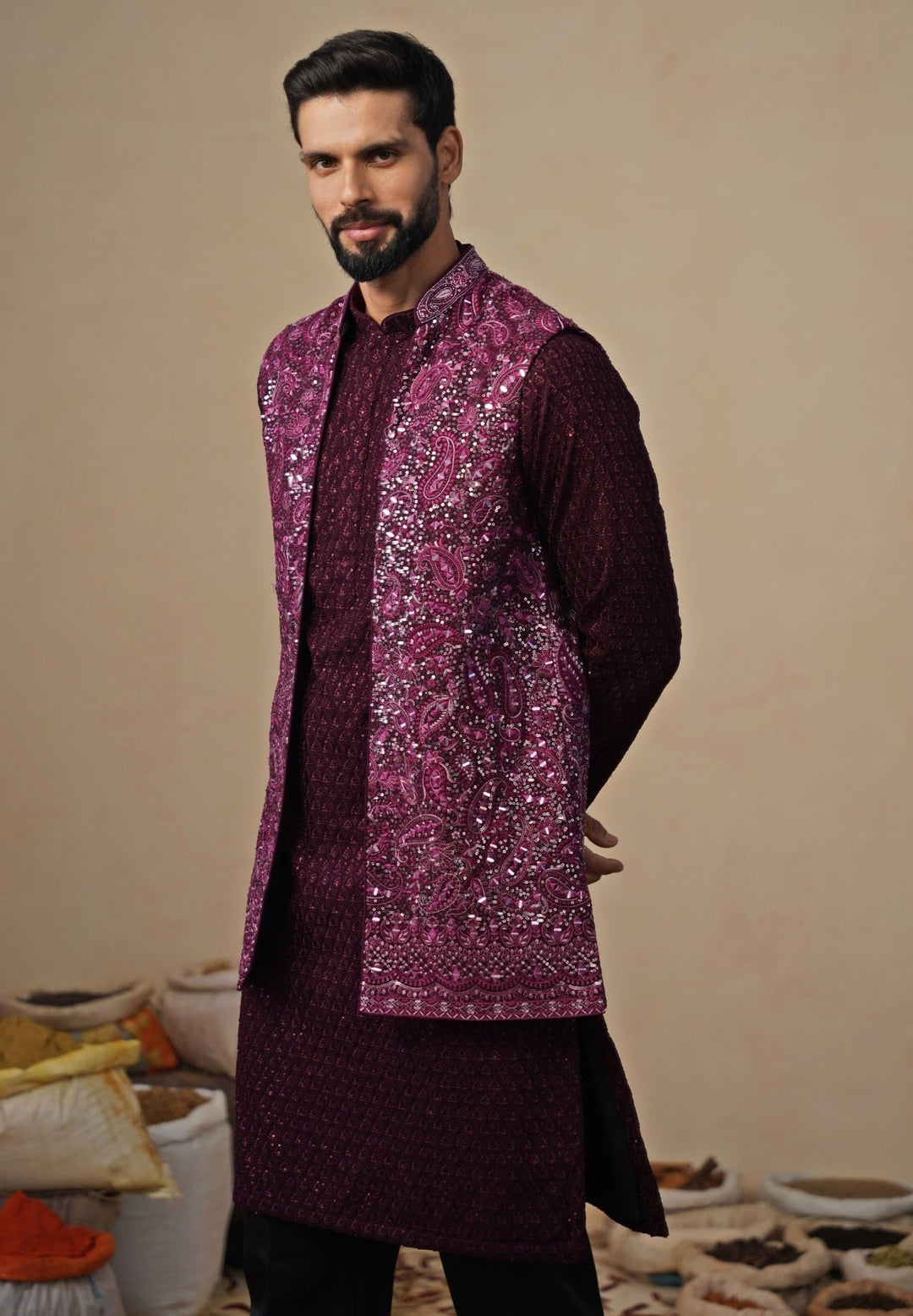 Wine and Black Georgette Kurta Jacket Set Kalpraag - Fabilicious Fashion