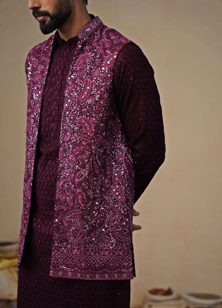 Wine and Black Georgette Kurta Jacket Set Kalpraag - Fabilicious Fashion