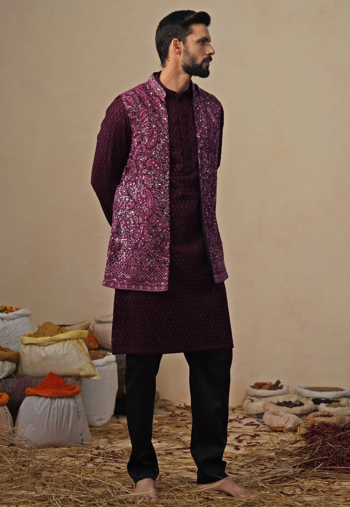 Wine and Black Georgette Kurta Jacket Set Kalpraag - Fabilicious Fashion