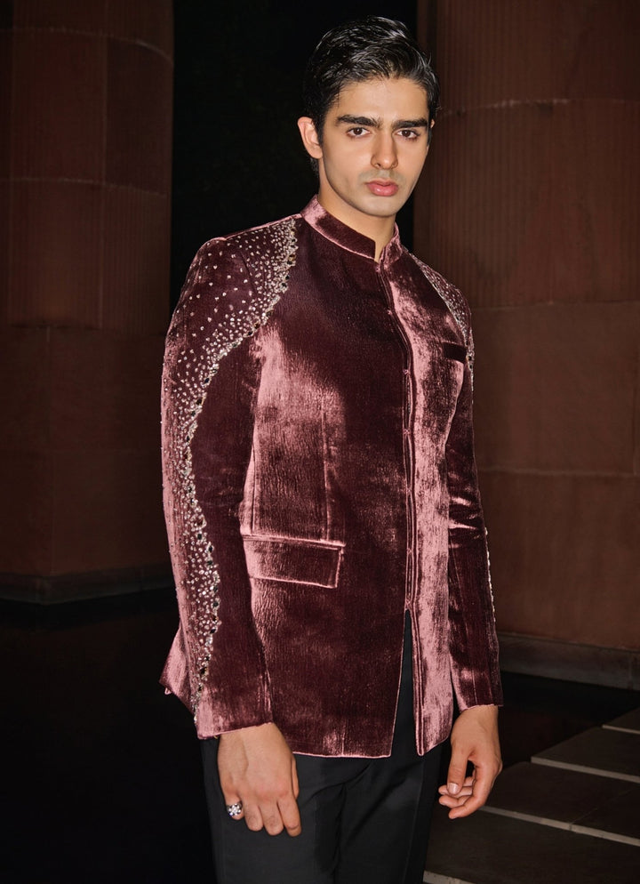 Wine Bandhgala Set With Studded Crystals Contrast By Parth - Fabilicious Fashion