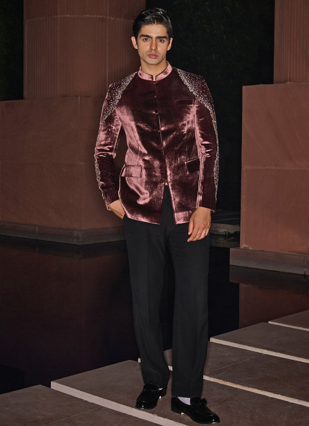 Wine Bandhgala Set With Studded Crystals Contrast By Parth - Fabilicious Fashion