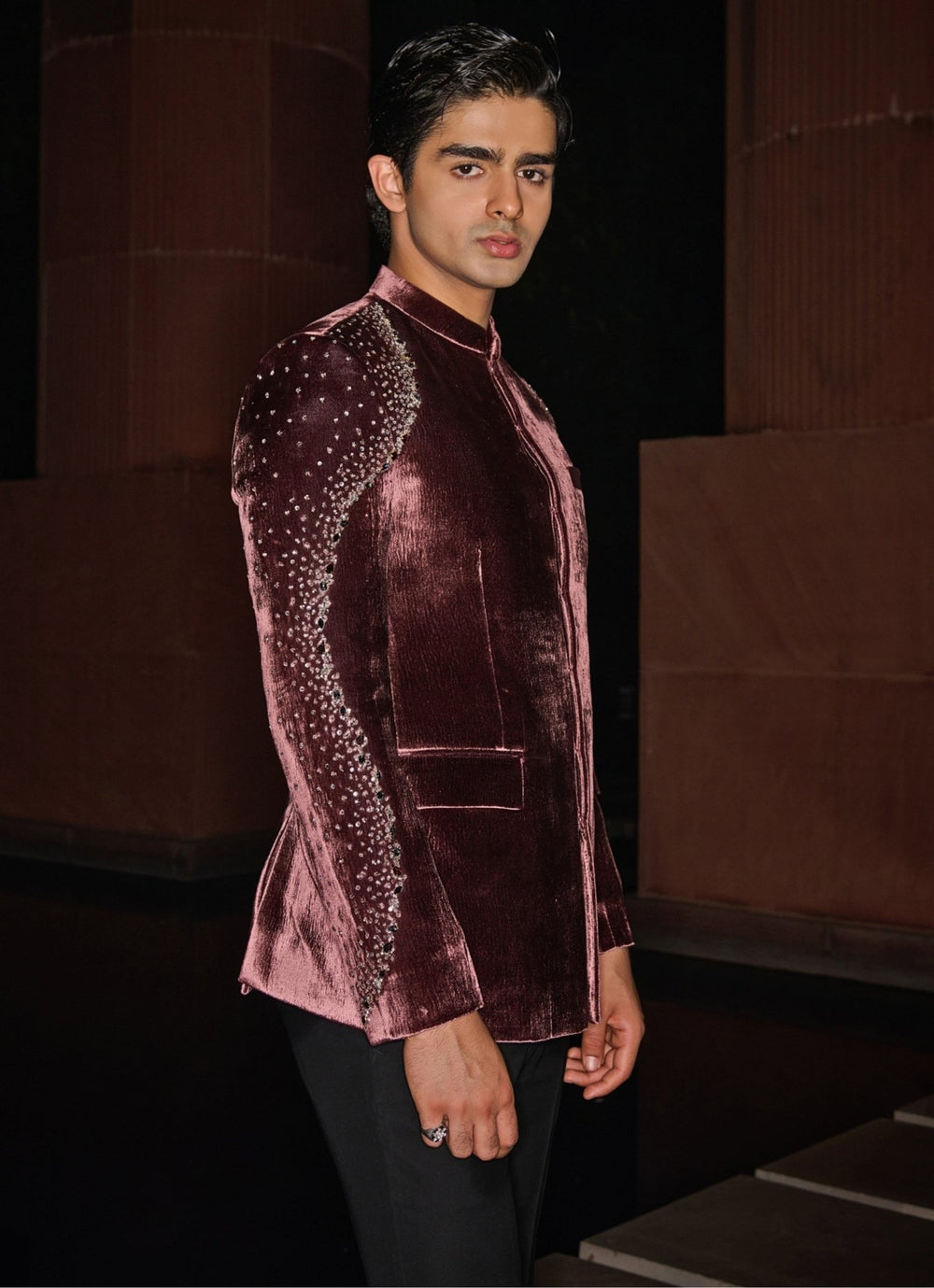 Wine Bandhgala Set With Studded Crystals Contrast By Parth - Fabilicious Fashion