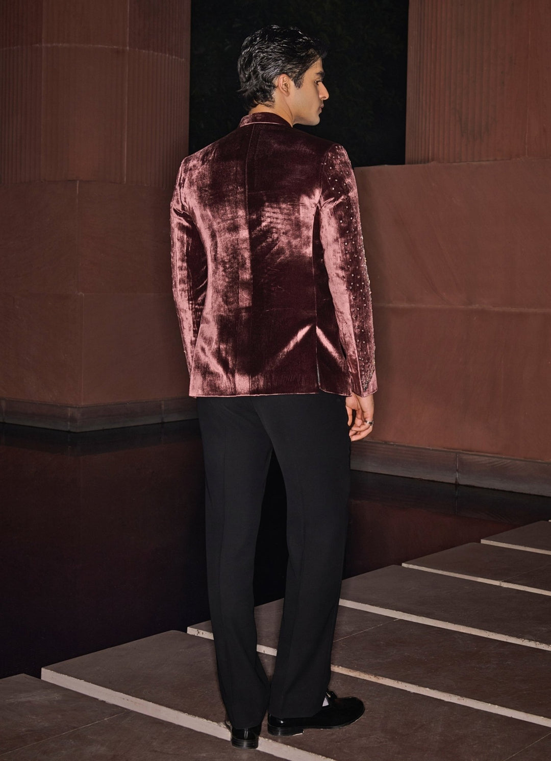 Wine Bandhgala Set With Studded Crystals Contrast By Parth - Fabilicious Fashion