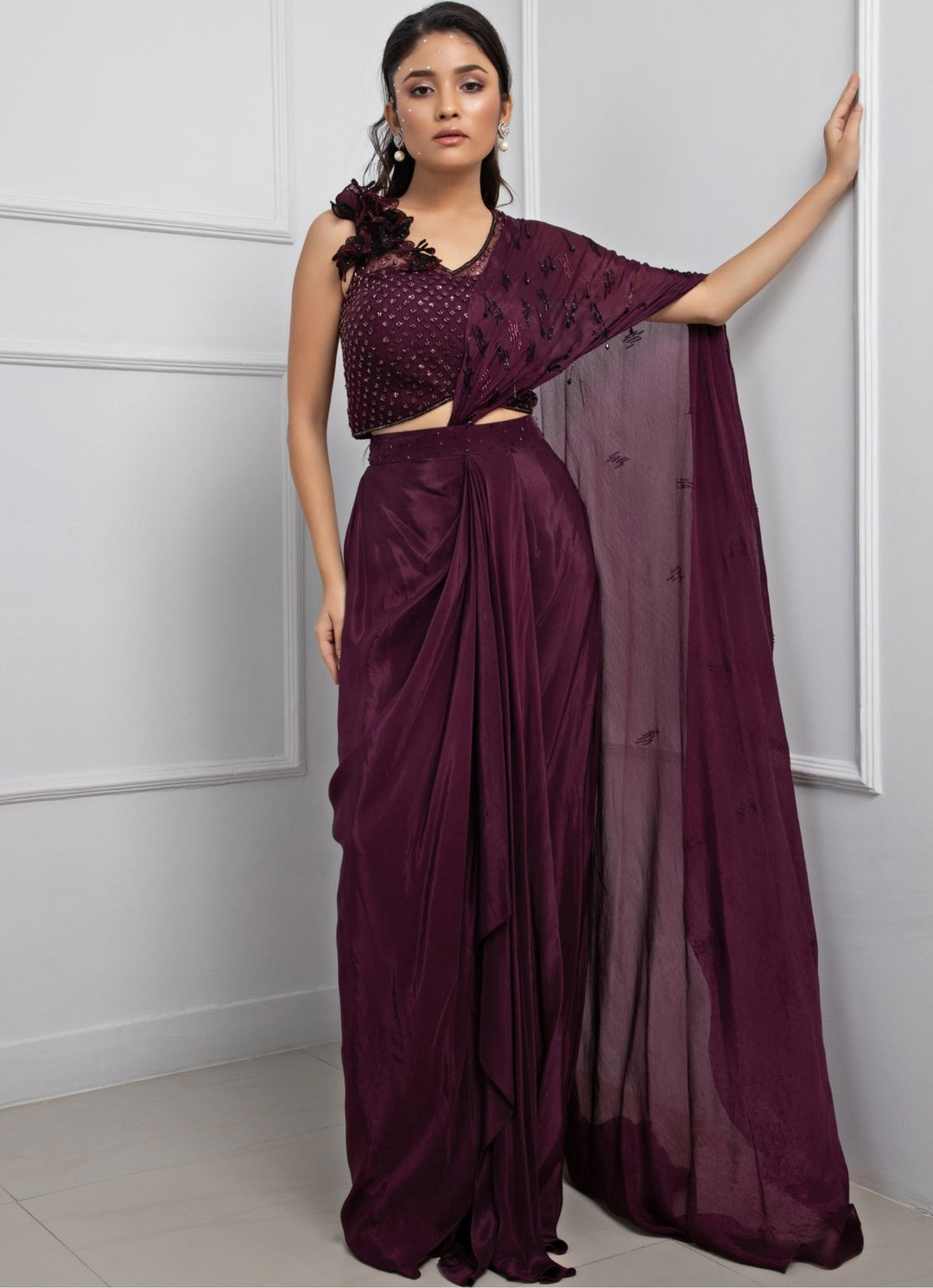 Wine Chiffon Predraped Saree Set With Embroidered Blouse Smriti - Fabilicious Fashion
