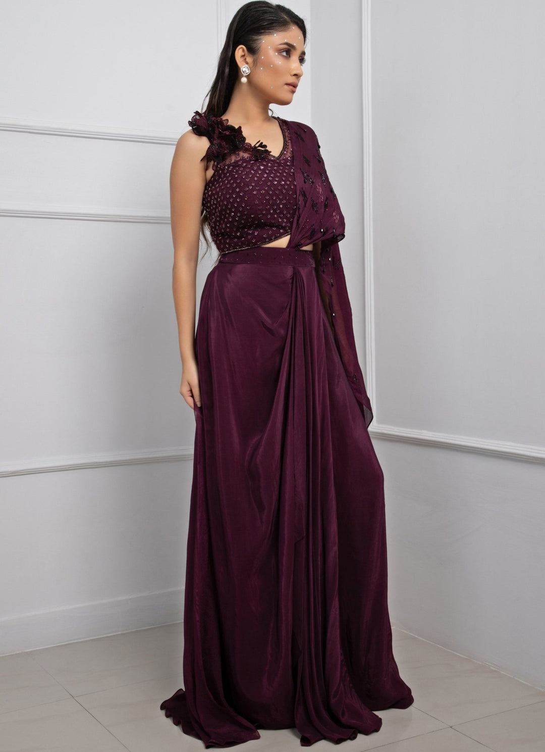 Wine Chiffon Predraped Saree Set With Embroidered Blouse Smriti - Fabilicious Fashion